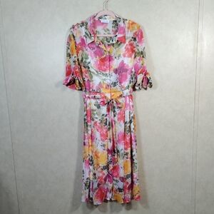 03165 Calvin Klein sheer lined floral print shirt dress 12